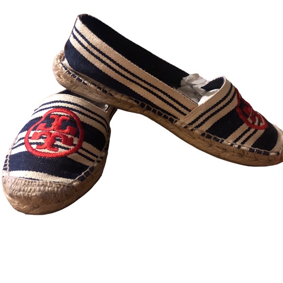 TORY BURCH Blue White Stripe Canvas Espadrille Flats Red Logo - US 9 - Picture 1 of 5